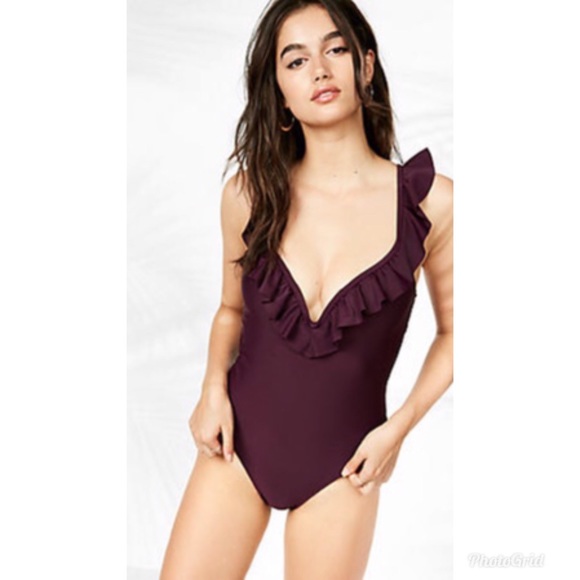 EXPRESS Ruffle V-Wire One-Piece Swimsuit BLACK - Picture 2 of 7